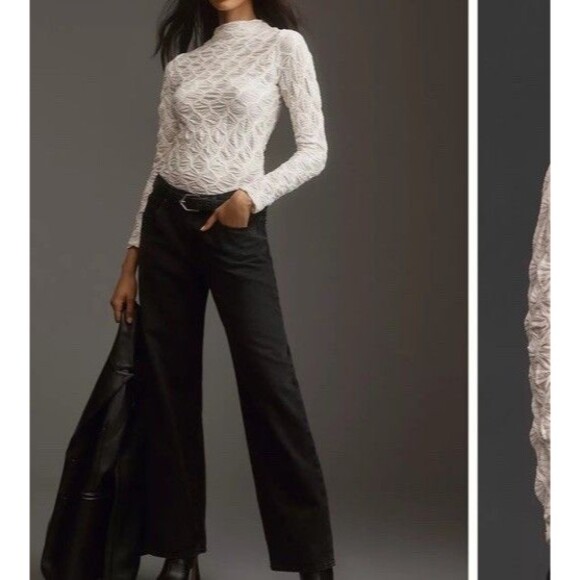 Maeve By ANTHROPOLOGIE Mock Neck Textured Semi Sheer Top Sz L Minimalist - Picture 4 of 16